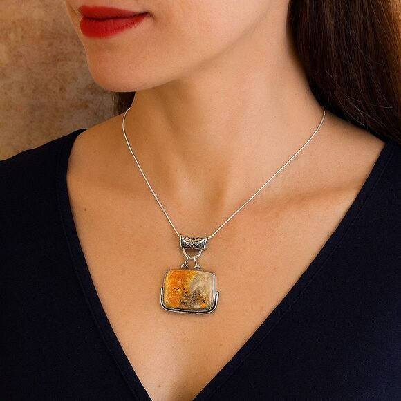 Artisan Multicolor Bumblebee Jasper Filigree Pendant Necklace Sterling Silver - Picture 2 of 5